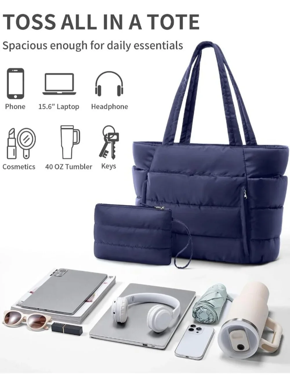 👜Women's Navy Blue Puffer Tote Bag 16 Pockets Work Gym Travel Laptop Handbag